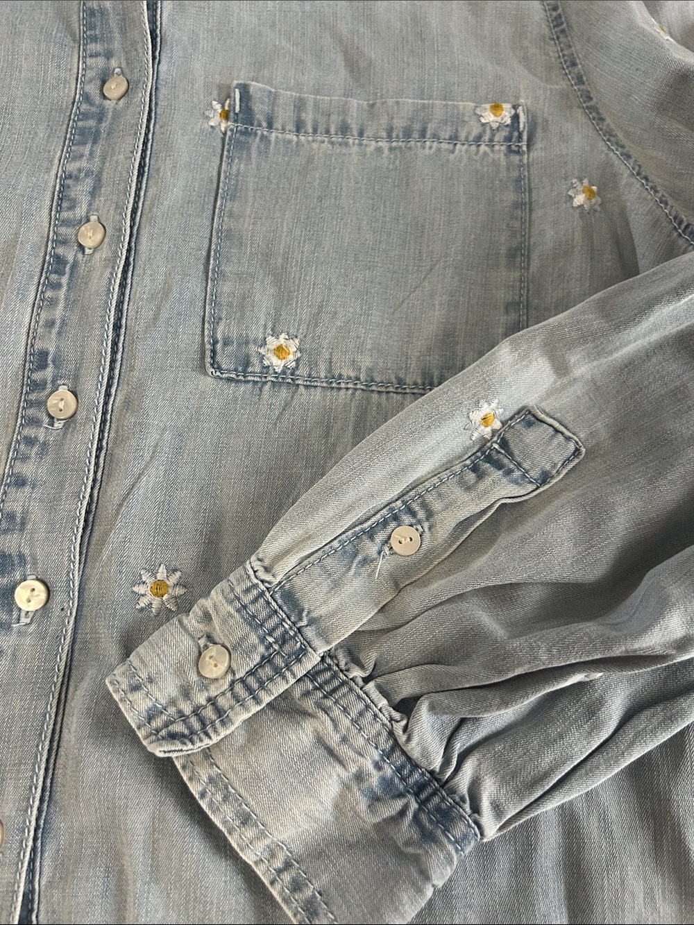 Kensie Light Wash Denim Shirt with Daisy Embroidery - Picture 2 of 6